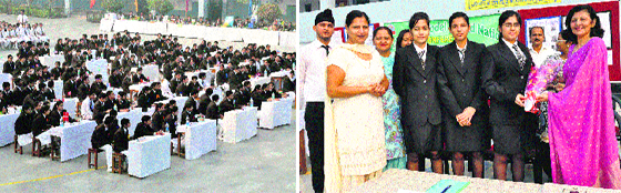 Students take part in a UN Day programme; (right) principal Suman Nijhawan with the students at OSDAV School, Kaithal. Tribune photos