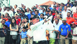 International golfer Gary Player tees off during the opening ceremony of a golf course designed by him in Gurgaon . A Tribune photograph