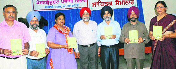 Dr Gurdev Singh, principal of GGN Khalsa College, Ludhiana, and Sukhchain Singh Bhandari, Director of Haryana-Punjabi Sahit Academy, unveil the book authored by Dr Rattan Singh in Ambala. A Tribune photograph