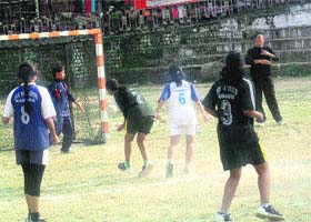 Players in action during the CBSE North Zone-1 Handball National Championship at the municipal stadium in Kangra on Monday