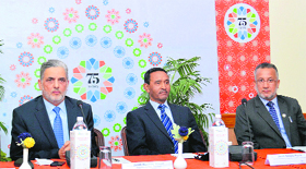 Minister for Urban Development and Local Bodies Nawang Rigzin Jora and J&K Bank chairman Mushtaq Ahmad (on Jora's right) during the platinum jubilee celebrations of the bank in Leh.