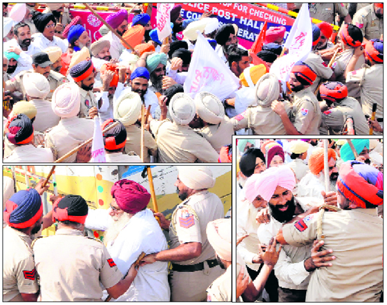 (Clockwise) Protesters clash with the police and try to walk past a barricade in Amritsar on Monday;  a policeman tries to empower a farmer and  an elderly man being taken into custody.