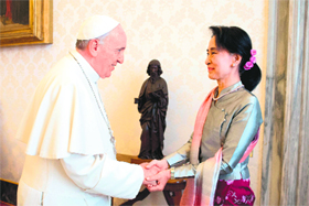 Pope Francis welcomes Nobel Peace Laureate Aung San Suu Kyi at Vatican City. Pope Francis called for inter-religious dialogue in Myanmar.