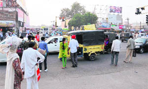 Chaos prevails outside the bus stand where a foot overbridge is proposed to come up for the safety of pedestrians in Bathinda. 