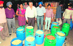 Health Department officials with the seized sweets from a cold storage in Zirakpur on Tuesday. A Tribune photograph