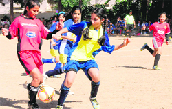 A match in progress during the RF Saupins Football Championship for Girls at Saupins School, Sector 32, Chandigarh, on Tuesday. Tribune Photo: Parvesh Chauhan
