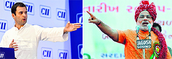 On the one end is Rahul Gandhi (below, left), scion of the Nehru-Gandhi dynasty, often putting his foot in his mouth, while on the other end is Narendra Modi (right), the consummate politician, making a splash with his hi-tech election rallies