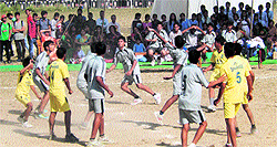 The teams in action during the final match of the CBSE North Zone-1 Handball National Championship in Kangra on Tuesday