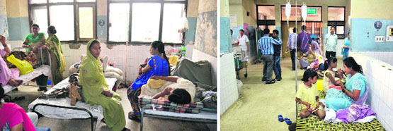 Due to heavy rush of patients and all beds being occupied, some patients lie on their personal folding beds in various wards of the Civil Hospital in Jalandhar on Tuesday.