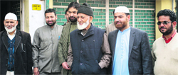 Syed Ali Shah Geelani with his associates outside his house in Srinagar on Tuesday. Photo: Yawar Kabli 