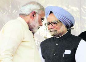 Face-off in Ahmedabad: PM Manmohan Singh and Gujarat CM Narendra Modi at the inauguration of the renovated Sardar Vallabhbhai Patel museum in Ahmedabad on Tuesday