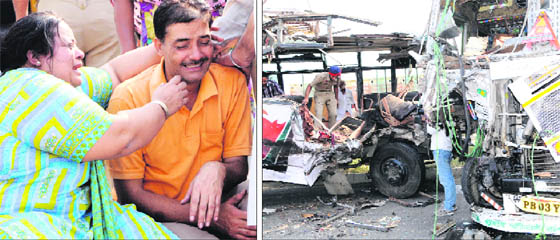 The mangled remains of the bus and truck that collided near Sohian village in Amritsar on Tuesday and (left) inconsolable relatives of the accident victims. 