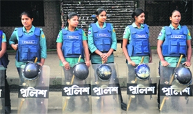 Policewomen stand guard in Dhaka on Tuesday.