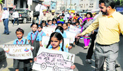 Students of Police DAV Public School participate in an anti-cracker rally in Bathinda on Wednesday. Tribune photo: Pawan Sharma
