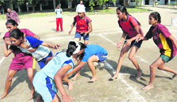 A kabaddi match in progress between Maluka and Muktsar during the 59th Punjab State School Sports Tournament in Bathinda on Wednesday. Tribune photo: Pawan Sharma