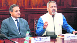 The Chairman of the UPSC, DP Agarwal, and the Director, FRI, PP Bhojvaid, at the FRI in Dehradun on Wednesday. A Tribune photograph 