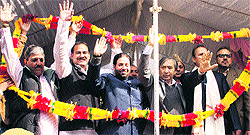State secretary of the CPM MY Tarigami with other ministers and dignitaries at a public rally in Srinagar on Wednesday