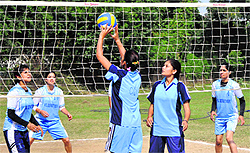 Women spikers in action during the Inter-Collegiate Volleyball Tournament at the University of Jammu on Wednesday