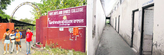 Government Arts and Sports College; and (right) the gymnasium of the college, which serves as the makeshift boys hostel, in Jalandhar.