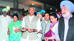 Led by CLP Leader Sunil Jakhar, Congress MLAs walk out of the Vidhan Sabha on Wednesday. A Tribune photo