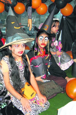 Children dressed up as vampires, witches and ghosts at a Halloween party in Amritsar on Thursday. 