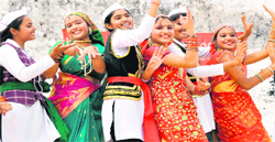 Students of Bal Mandir Senior Secondary School present Garhwali folk dance during a cultural competition  in Haridwar on Thursday. Tribune photo: Rameshwar Gaur