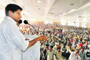 Rohtak MP Deepender Singh Hooda addresses a gathering at Hansi in Hisar on Thursday