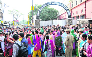Paramedical students gather outside Government College for Women in Jammu on Thursday. 