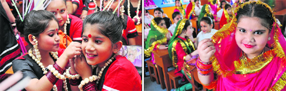 Students wait for their turn to perform at the annual day function of the primary wing of Presentation Convent Senior Secondary School in Jammu on Thursday.