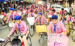 Students of Ryan International School take out a cycle rally in Amritsar on Friday