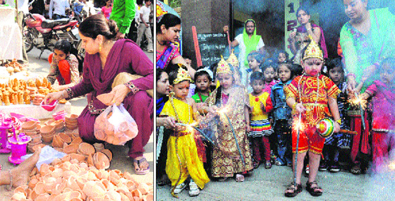 A woman buys earthen lamps at Dhobi Bazar on the eve of Diwali in Bathinda; and (right) tiny-tots of Blooming Buds School celebrate the festival of lights on Friday.