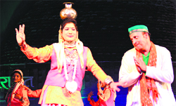 Artistes from Janusar, Bawar area of Dehradun district performs at the Virasat festival in Dehradun on Friday. A Tribune photograph