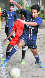 A match in progress during the 3rd Jaideep Bhandari Memorial Football Tournament in Dehradun on Friday. A Tribune photograph