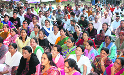 Striking state government employees hold a rally in support of their demands at Parade Ground in Dehradun on Friday. A Tribune photograph