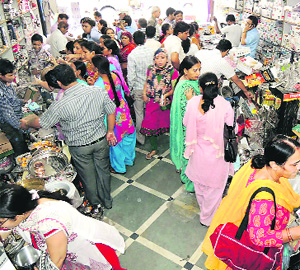 People busy shopping on the occasion of Dhanteras in Gurgaon on Friday. 