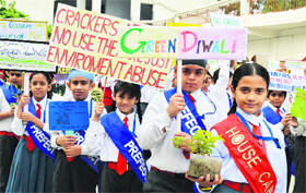Students of BCM School take out a rally against crackers in Ludhiana on Friday.