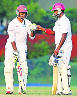 S Chanderpaul and N Deonarine during a practice match against UPCA at Jadavpur University Ground, Salt Lake in Kolkata on Friday.