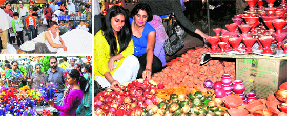 (Clockwise from top): Residents buy sweets, earthen lamps and flowers from the Sector 22 market in Chandigarh.