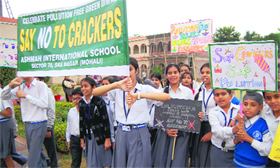Students say no to crackers during a rally taken out from Ashmah International School in Mohali.