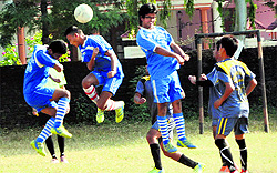 A match in progress during the 3rd Jaideep Bhandari Memorial Football Tournament in Dehradun on Saturday