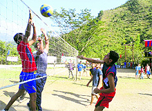 A volleball match in progress at Silagaon village near Mussoorie on Saturday