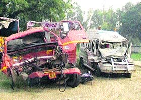 The mangled remains of the two vehicles involved in the mishap
