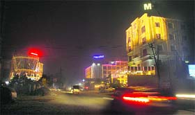 Buildings covered with decorative lights on the eve of Diwali in Jalandhar on Saturday