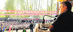 Chief Minister Omar Abdullah addresses a rally in Bandipora after inaugurating a mini-secretariat in the town on Saturday