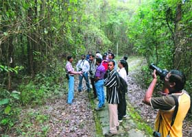 Participants pick up points from a faculty member while on a trek through the Wildlife Institute of India campus in Dehradun