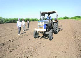 Kesar Singh and LS Brar watch their field being ploughed at Rava village near Kothara town, often referred to as Mini Punjab
