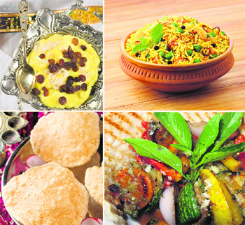 Festive feast: (Clockwise from top left) Phirni garnished with raisins and nuts; a handi of rich biryani; stir fry vegetables; and golden, fluffy puris