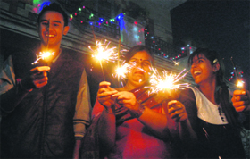 Residents light firecrackers in Amritsar on Sunday night.