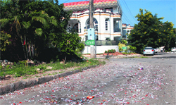 A road littered with cracker waste in Sector 6, Panchkula, on Monday. Tribune photo