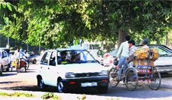 A rickshaw-puller goes on the wrong side, on a slip road, at Sectors 22,21,34,35 roundabout  in Chandigarh on Monday. Tribune photo